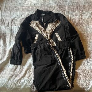 Kittenish Black Bomber Jacket  and sweats with Leopard Accents
